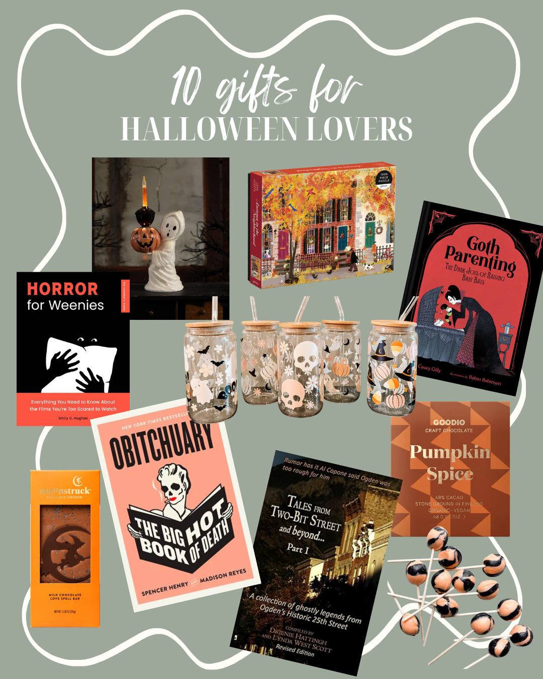 collage of gifts for halloween lovers including books, chocolate, puzzles, and glass tumblers.