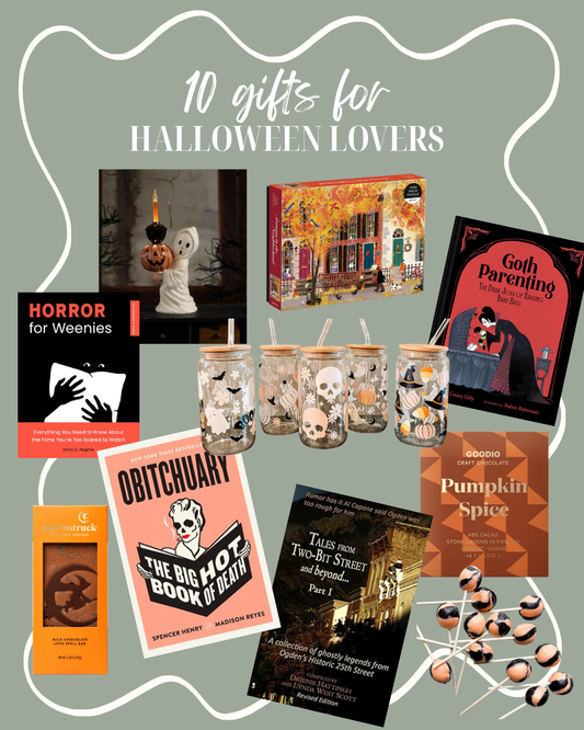 collage of gifts for halloween lovers including books, chocolate, puzzles, and glass tumblers.