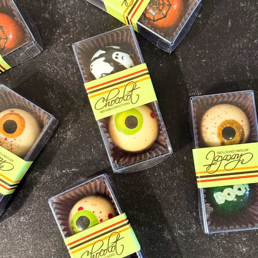 2 halloween chocolate bon bons in a clear box