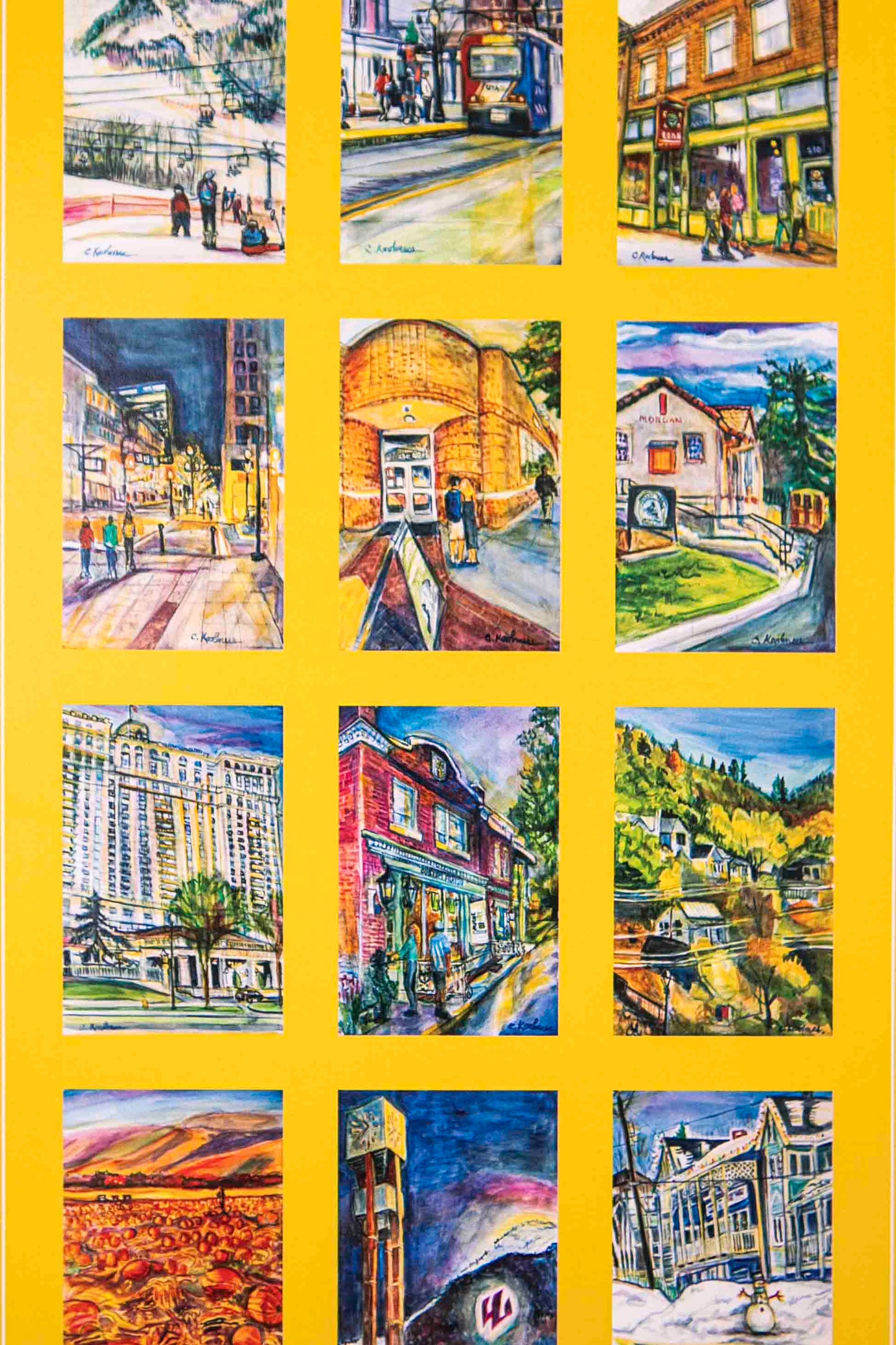Grid of colorful paintings of urban scenes on a yellow background