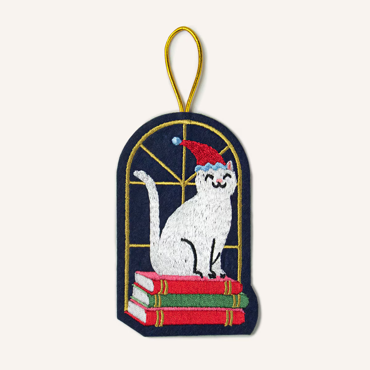 Seltzer Embroidered Book Cat Stack Christmas Ornament