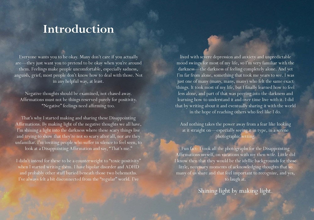 Text on a blue background with a sunset colored sky.