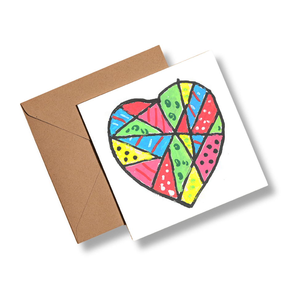 Colorful heart on a square card with a brown envelope on a white background.