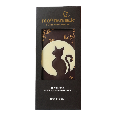 Moonstruck black cat dark chocolate bar packaging on a white background
