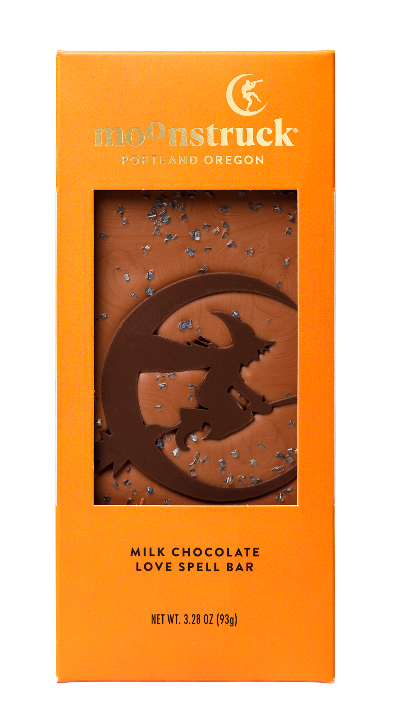 MooNstruck milk chocolate love spell bar packaging with orange background