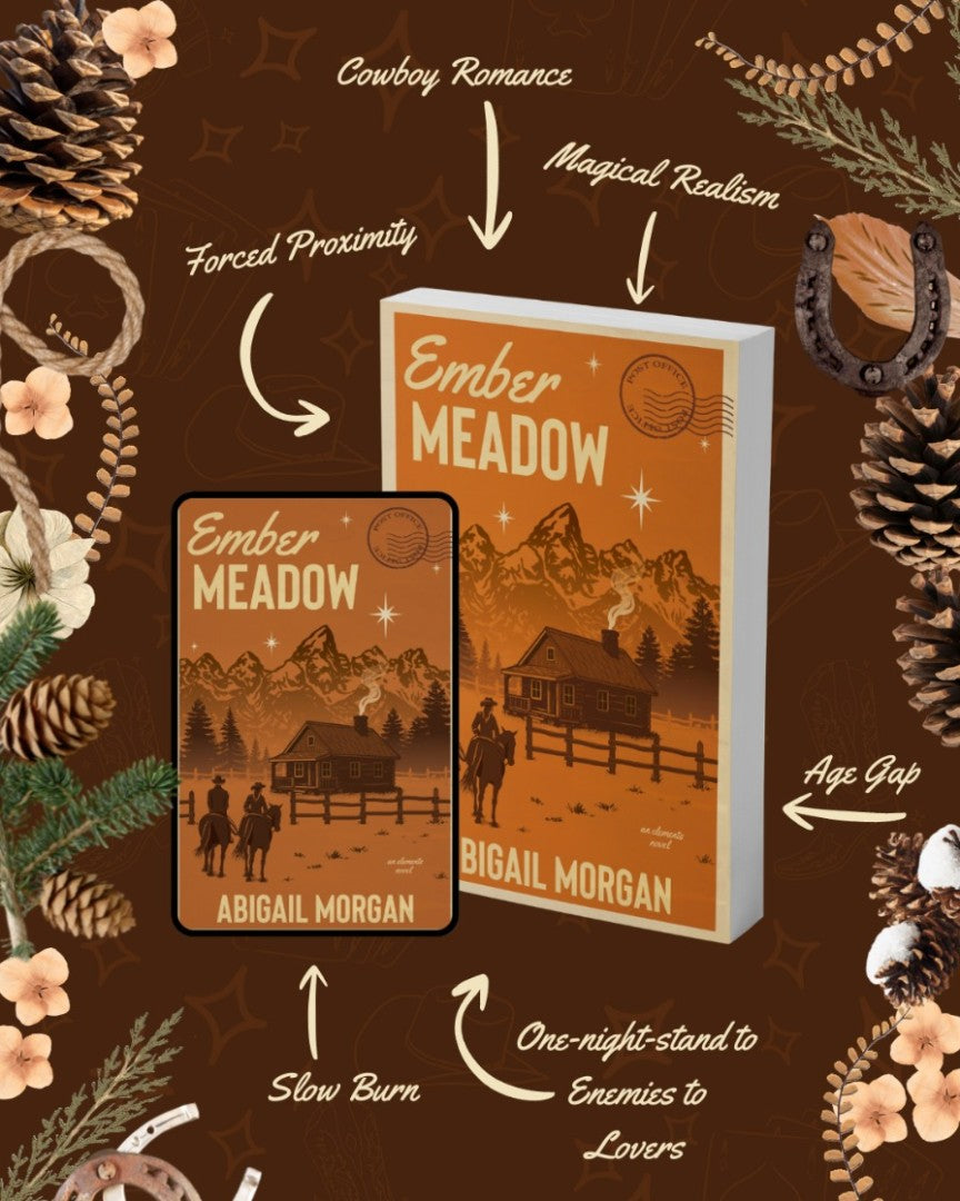 Book cover of 'Ember Meadow' by Abigail Morgan with decorative elements on a brown background.