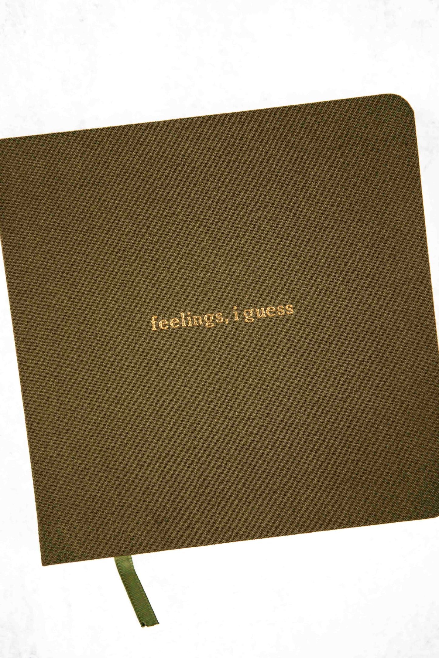 olive colored notebook with 'feelings, i guess' text embossed on a white background