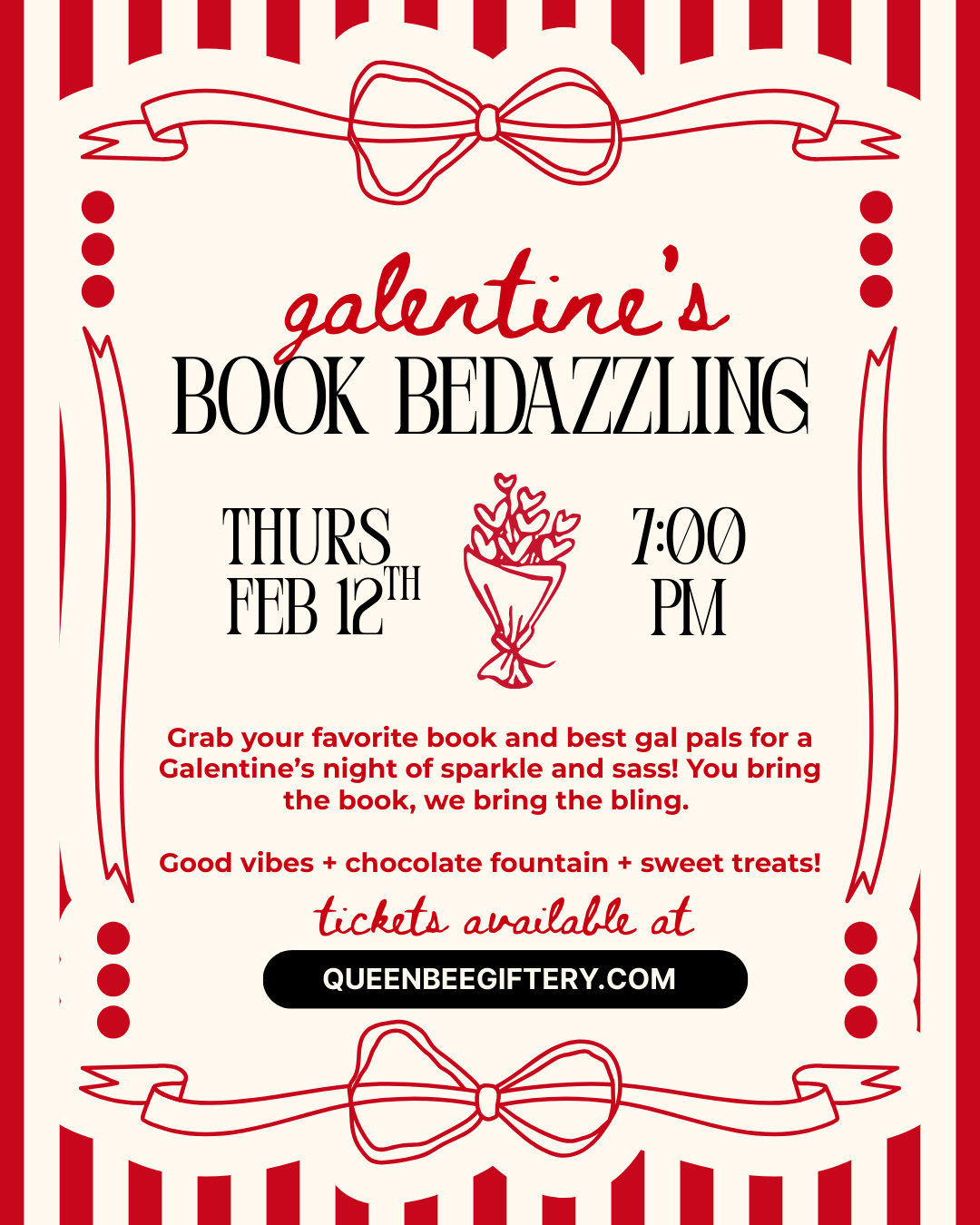 Promotional flyer for 'galentine's Book Bedazzling' event with red and white design elements.