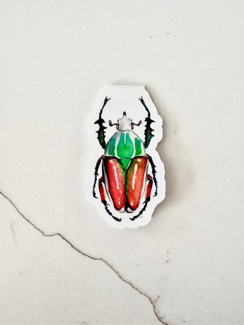 Green, orange, and red beetle insect magnetic bookmark on a marbled surface