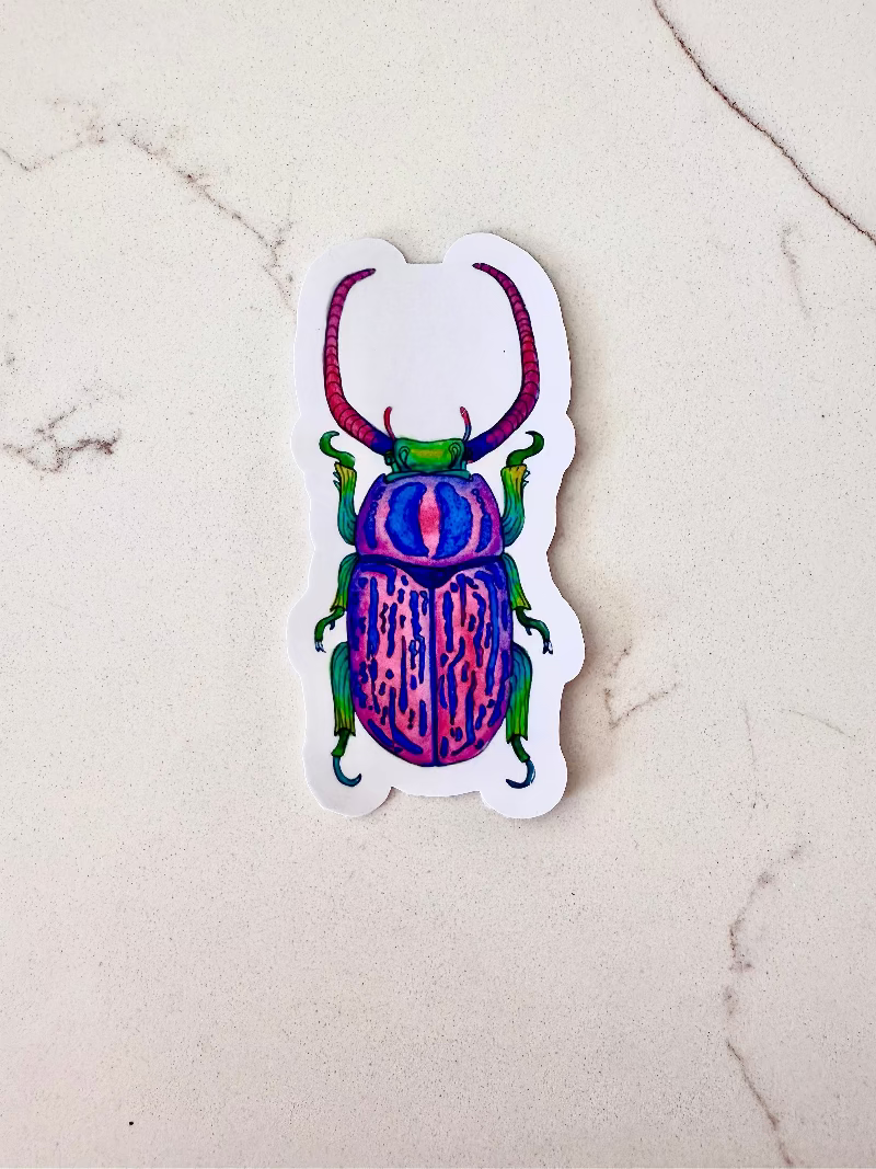 pink blue and green beetle insect sticker on a marbled surface