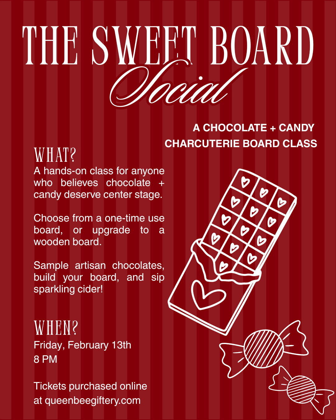 Promotional flyer for a chocolate and candy charcuterie board class on a red background with white text and graphics.