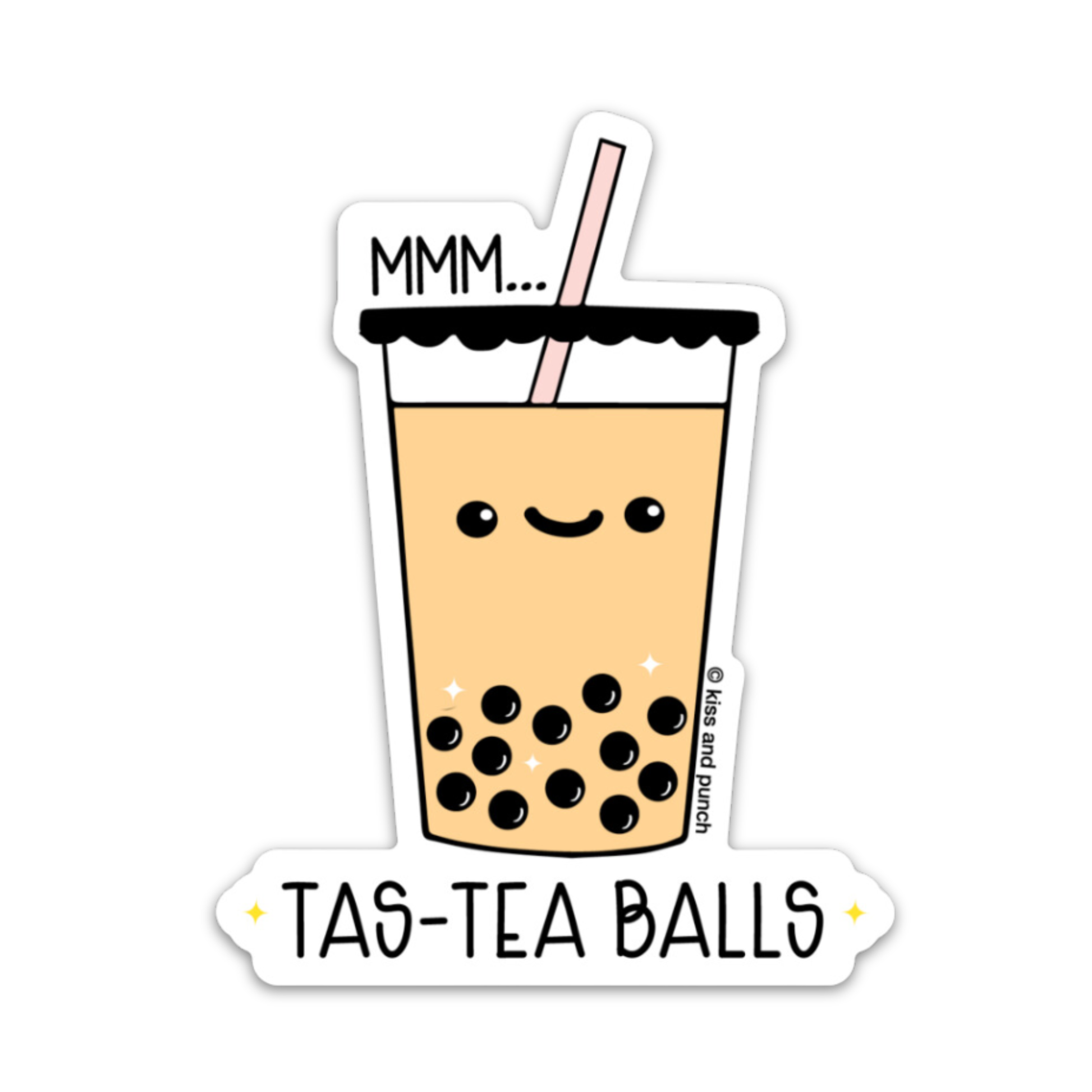 Sticker of a cartoon bubble tea with a straw on a white background that says MMM... TAS-TEA BALLS