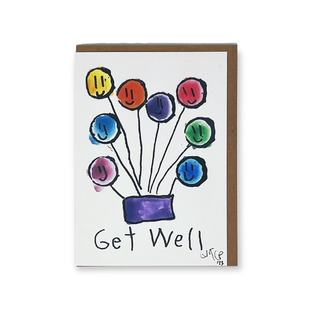 Get Well card with colorful smiley face balloon bouquet on a white background.