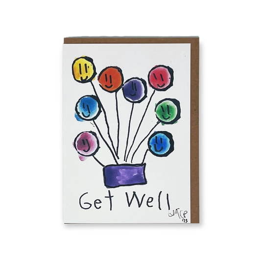 Get Well card with colorful smiley face balloon bouquet on a white background.