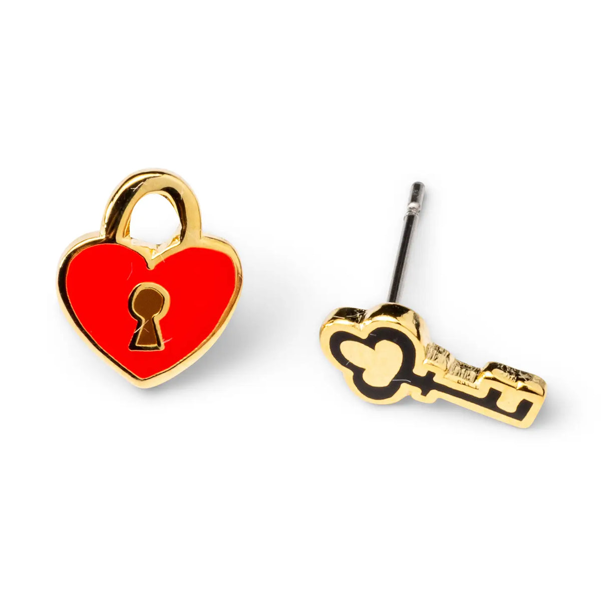 Heart Lock & Key Earrings | Mismatched Gold Studs