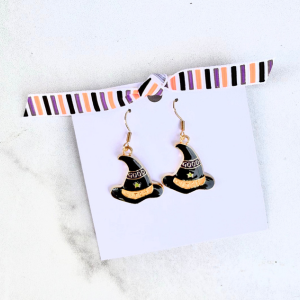 Pair of witch hat earrings on a white background