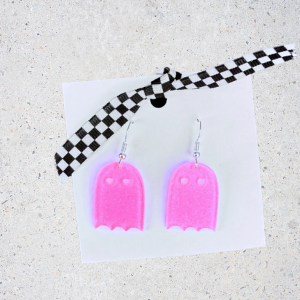 Pink ghost-shaped earrings on a white card with a black and white checkered border.