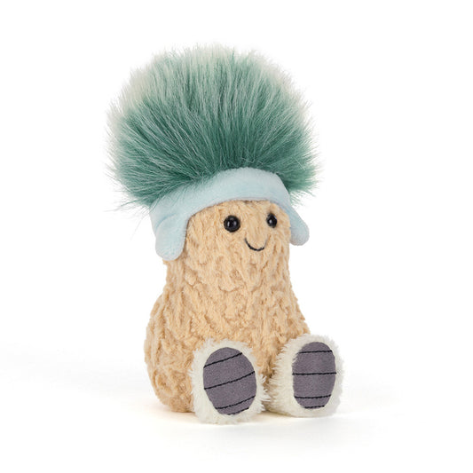 Plush toy peanut with teal hair and gray feet on a white background