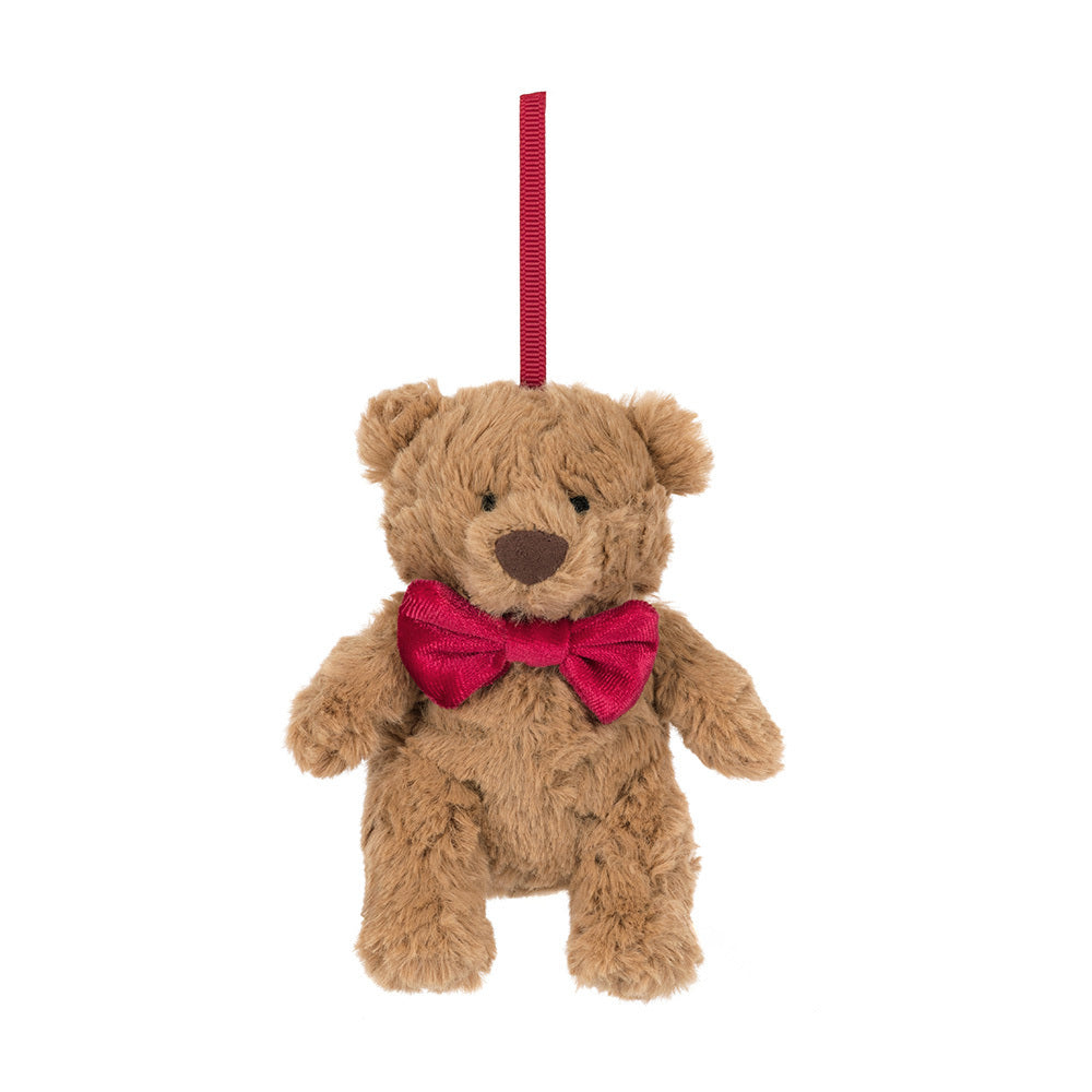 Plush teddy bear ornament with a red bow tie on a white background