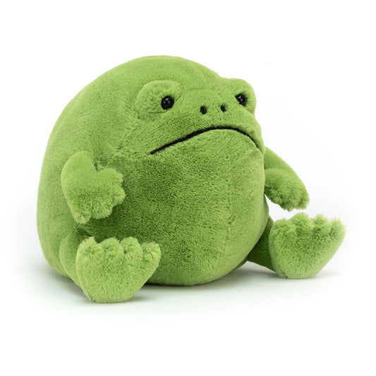 Green plush frog toy on a white background
