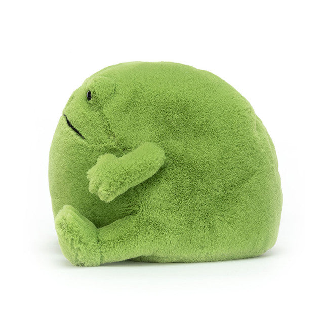 Green plush toy with a smiling face on a white background