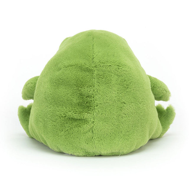 Green plush frog toy on a white background