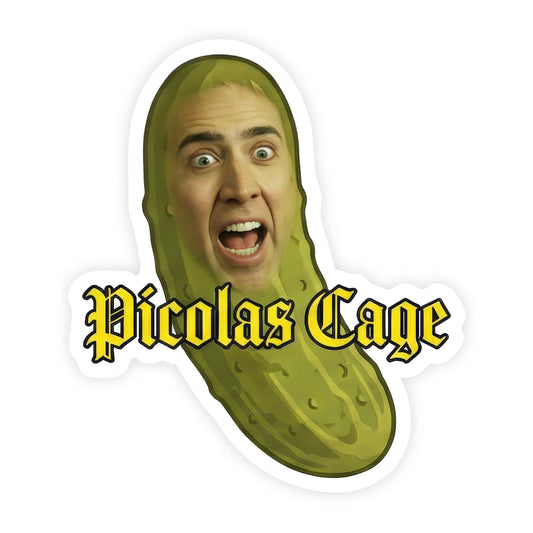 Sticker of a pickle with Nicolas Cage's face and 'Picolas Cage' text on a white background