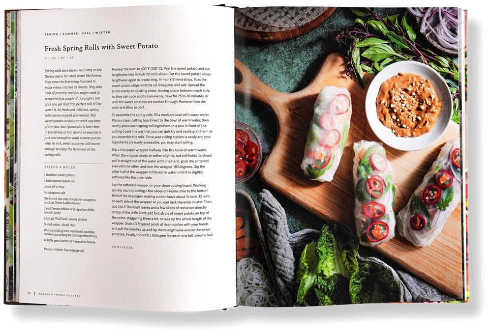 Open cookbook showing a recipe for Fresh Spring Rolls with Sweet Potato