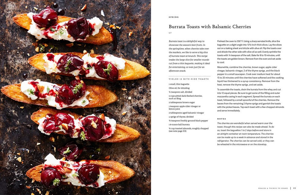 Burrata toasts with balsamic cherries on a rustic surface next to a recipe description.