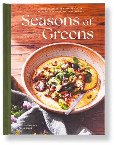 Cookbook titled 'Seasons of Greens' with a bowl of food on the cover
