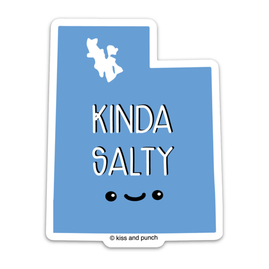 Blue Utah shaped sticker with a smiling face and 'KINDA SALTY' text on a white background