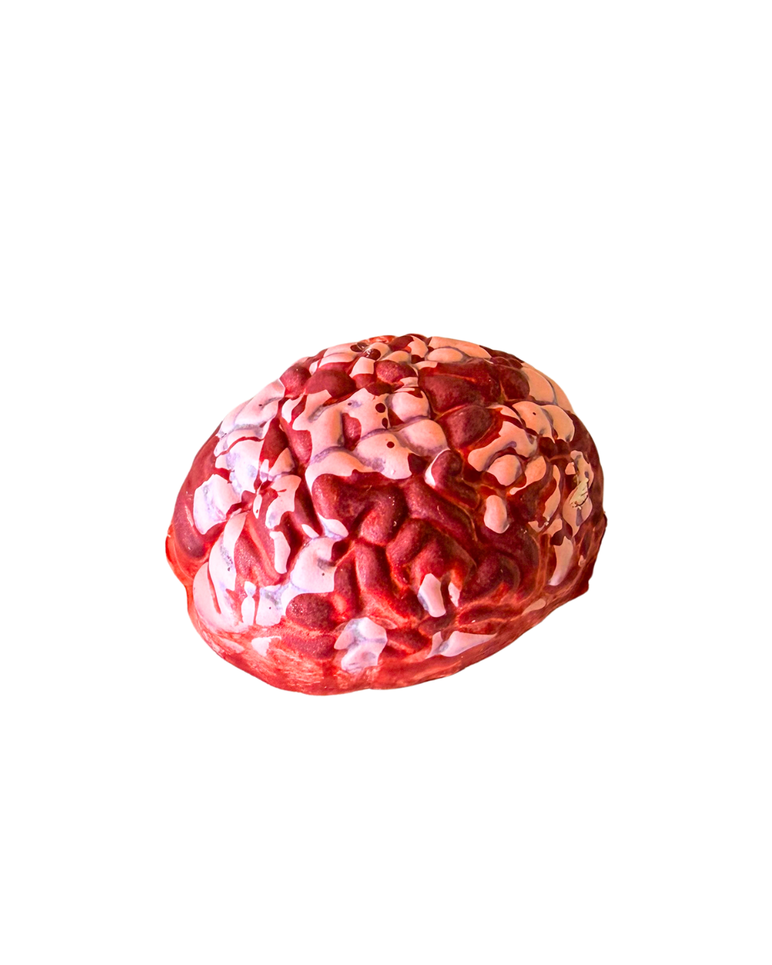 chocolate bon bon shaped like a brain that's red and pink swirled
