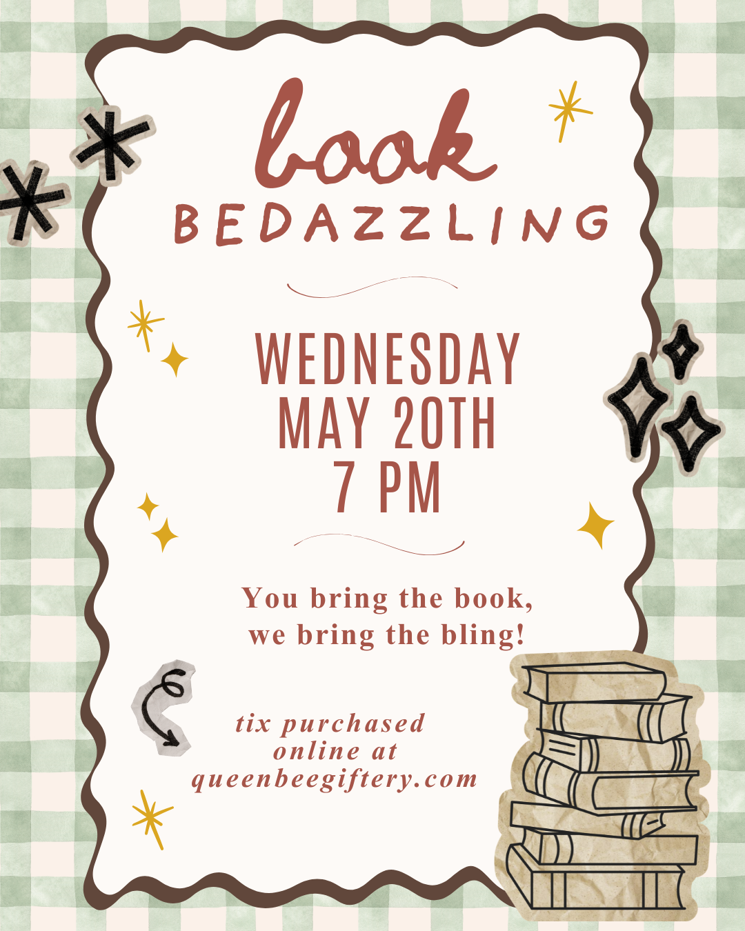 Promotional flyer for 'Book Bedazzling' event with book stack graphic on checkered background