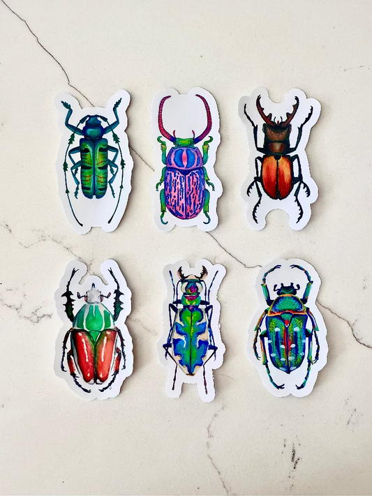Six colorful beetle stickers on a textured beige surface