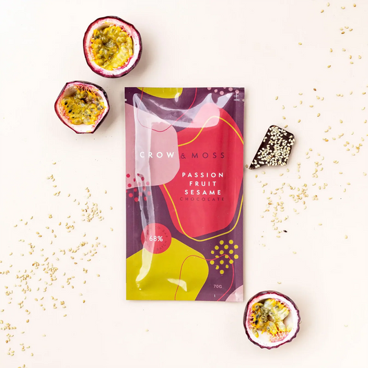 Crow & Moss Passion Fruit Sesame 68% Dark Bar