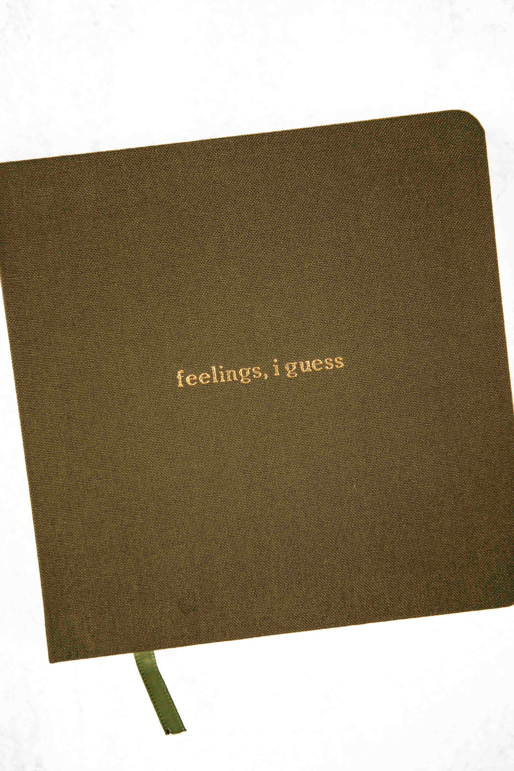 olive colored  notebook with 'feelings, i guess' text embossed on a white background