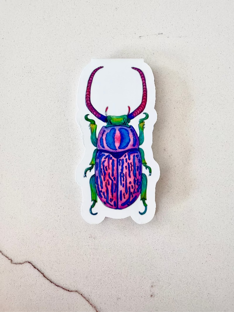 blue pink green beetle insect magnetic bookmark on a marble surface