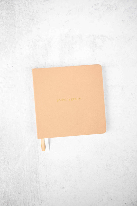 Beige notebook with 'probably genius' branding on a white textured background