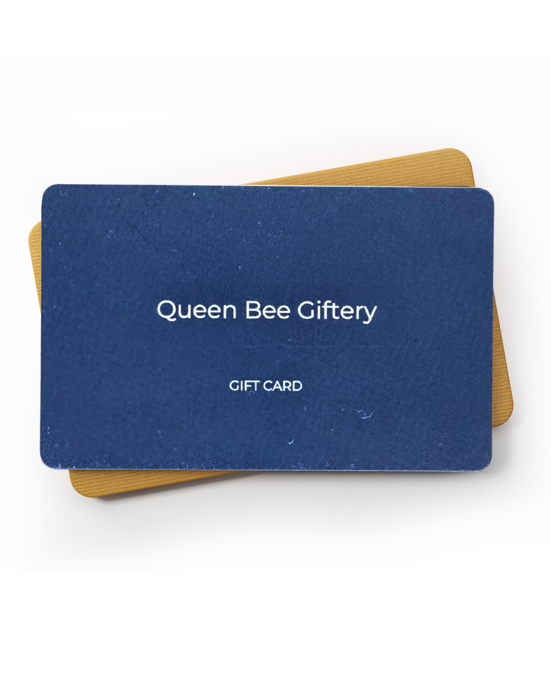 Blue gift card with 'Queen Bee Giftery' branding on a white background
