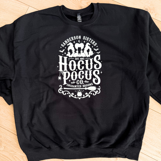black crewneck with hocus pocus decal