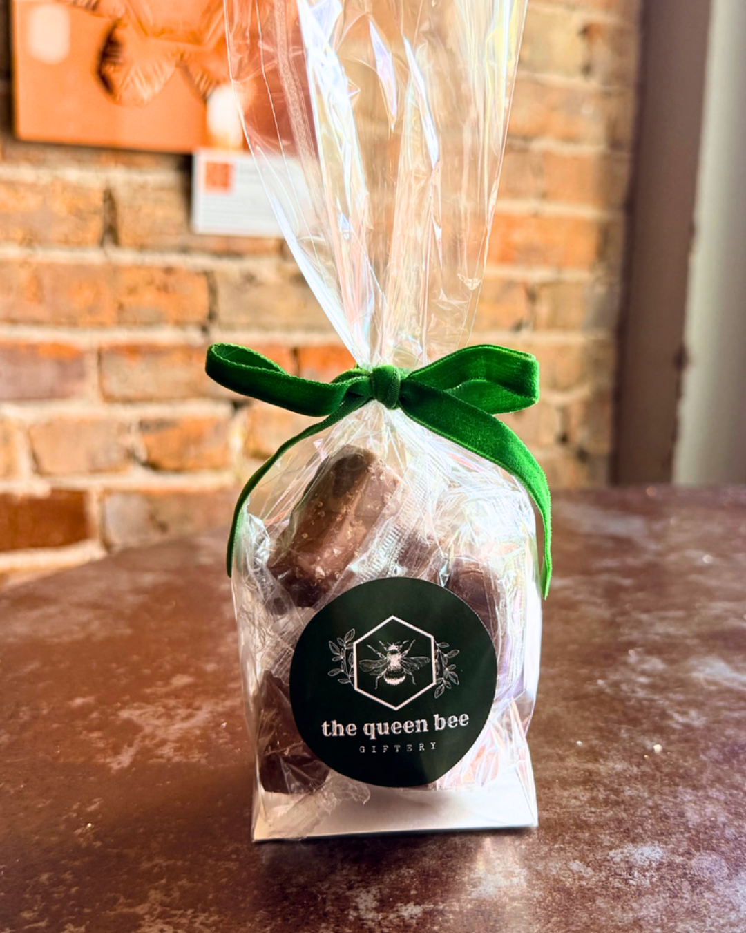 1/3 lb bag salted caramels with ribbon